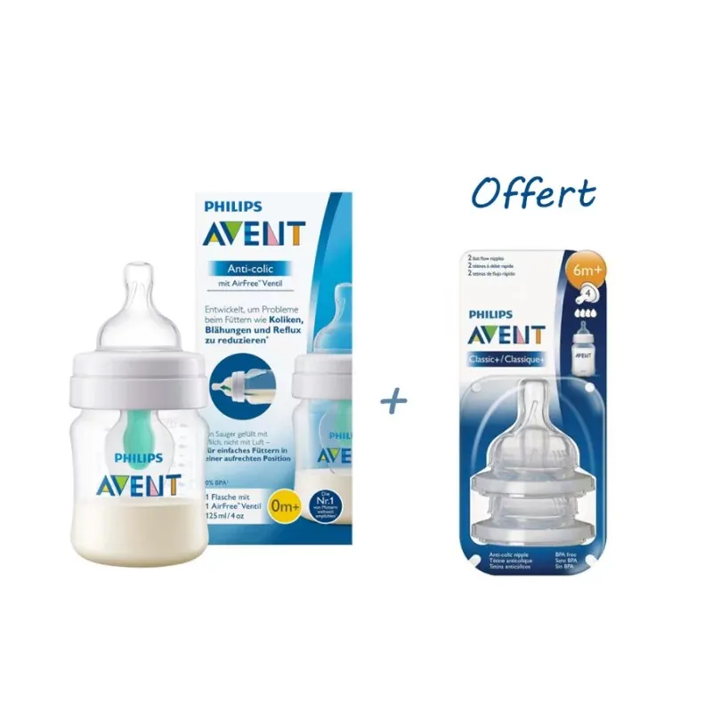 AVENT BIBERON ANTI COLIC 125 ML Achete + AVENT 2 TETINES CLASSIC -6M+ Offertes