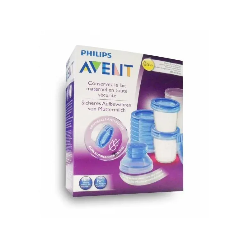 AVENT SYSTEME DE CONSERVATION DU LAIT MATERNEL VIA 10 POTS 180ML, 10 COUVERCLES ET 2 ADAPTEURS