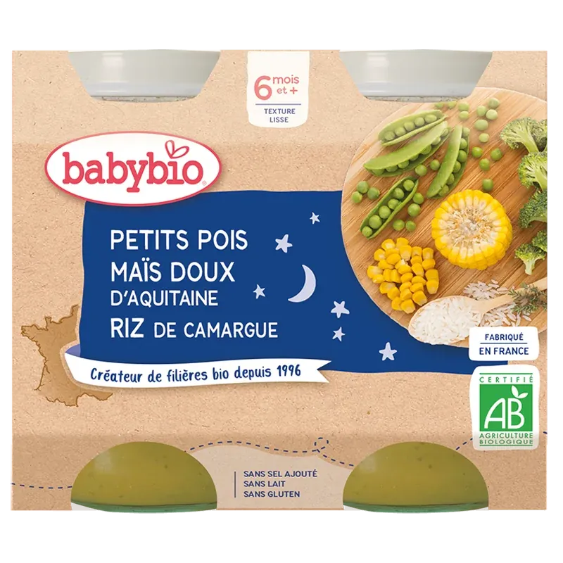 Babybio Petits Pois Maïs Doux d’Aquitaine Riz de Camargue 2x200g