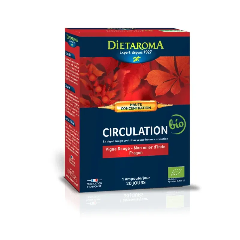 Dietaroma CIRCULATION* Vigne rouge, marronnier d'Inde, fragon bio 20 ampoules