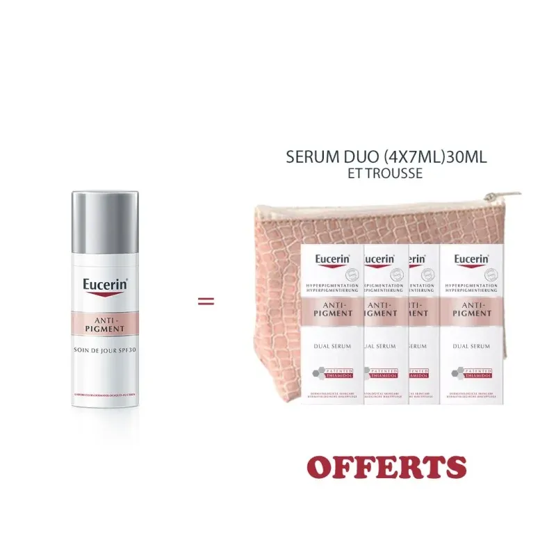 EUCERIN ANTI PIGMENT SOIN DE JOUR SPF30 50ML ACHETE + NTI PIGMENT SEERUM DUO (7mlx4) 30ml ET TROUSSE OFFERTS