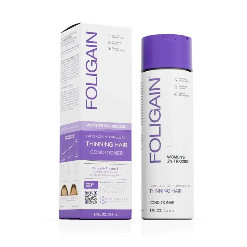 FOLIGAIN Après-shampooing triple action pour cheveux clairsemés pour femme avec 2 % de trioxidil 236ml