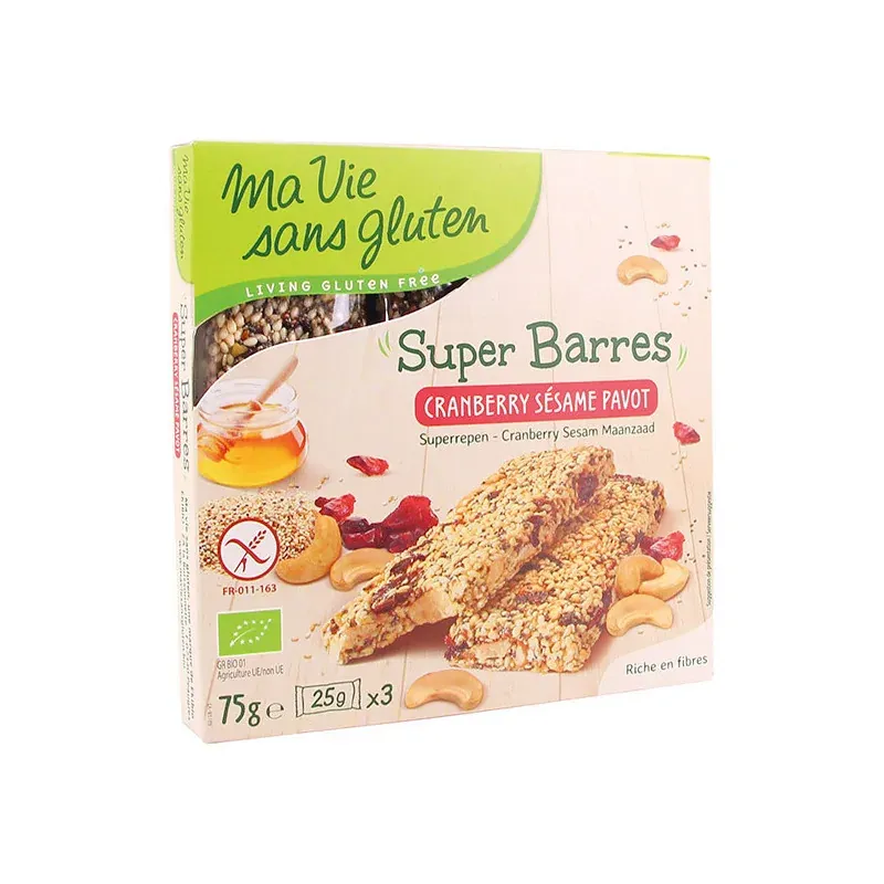 MA VIE SANS GLUTEN BARRES SESAME CRANBERRIES PAVOT SG 75G