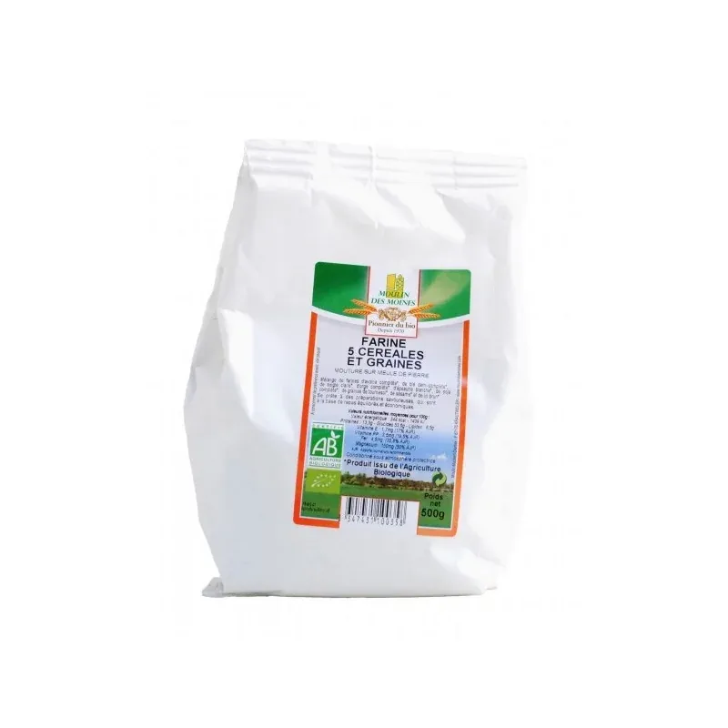 MOULIN DES MOINES "FARINE 5 CEREALES ET GRAINES 500G (blé, seigle, orge, épeautre, graines de tournessol et lin brun)"