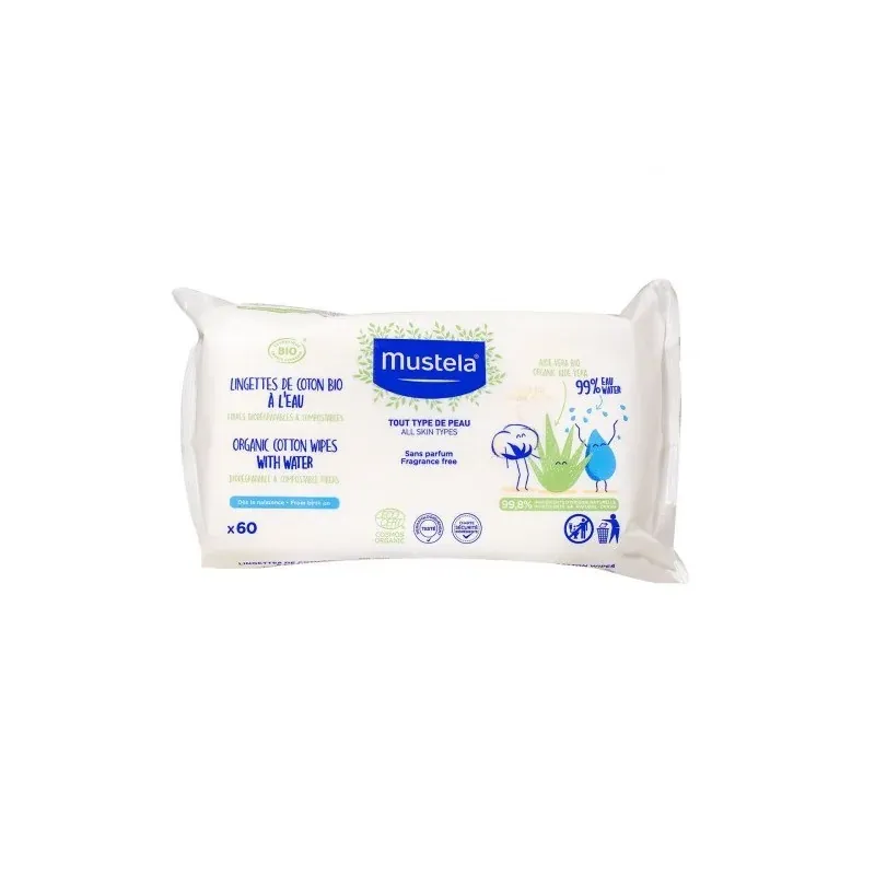 Mustela Lingettes de Coton Bio à l'Eau certifiées BIO 60 Piéces