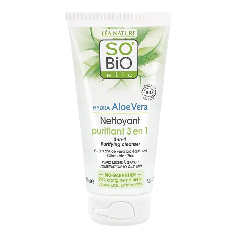 SO'BIO GEL NETTOYANT PURIFIANT 3 EN 1 "HYDRA ALOE VERA" 150 ML