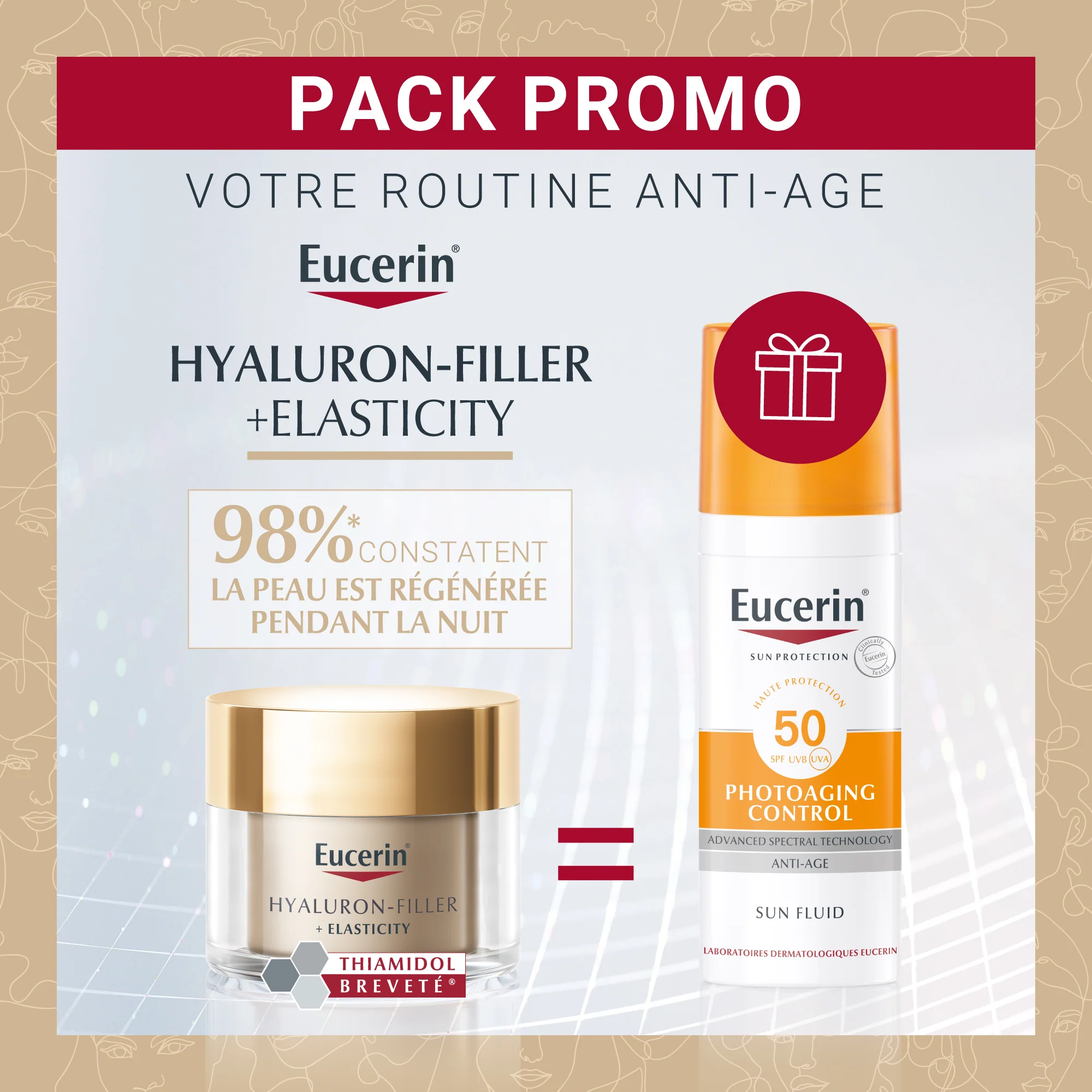 Eucerin HYALURON-FILLER ELASTICITY Soin de Nuit 50 ml pack promo + Eucerin Sun PROTECTION Photoaging Control Fluid SPF50+ 50ml offert
